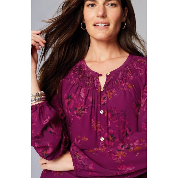 J. Jill Smocked Neck Floral Button Shirt Purple Rayon XS Small Tall NWT - Picture 5 of 5